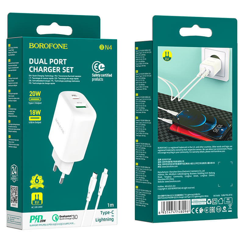 Laptop, Telefoane si Tablete - Telefoane mobile si accesorii - Accesorii Telefoane - Incarcatoare telefoane - Incarcator Retea cu cablu Lightning Borofone BN4 Potential, Quick Charge, 20W, 1 X USB - 1 X USB Tip-C - Alb - Infinity.ro