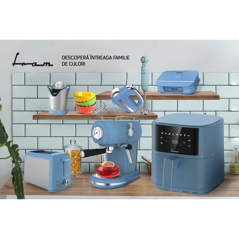 Electronice si Electrocasnice - Electrocasnice bucatarie - Mixere, tocatoare & roboti de bucatarie - Mixere - Mixer de mana Fram FHM-3005BL, 300W, 5 viteze+turbo, teluri si carlige din inox, insertii cromate, albastru - Infinity.ro