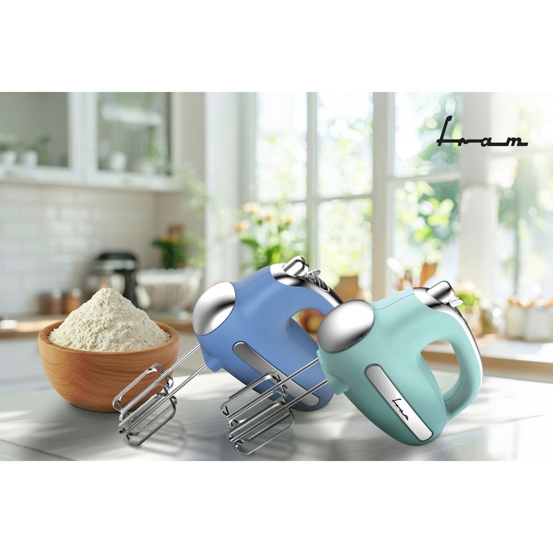 Electronice si Electrocasnice - Electrocasnice bucatarie - Mixere, tocatoare & roboti de bucatarie - Mixere - Mixer de mana Fram FHM-3005BL, 300W, 5 viteze+turbo, teluri si carlige din inox, insertii cromate, albastru - Infinity.ro