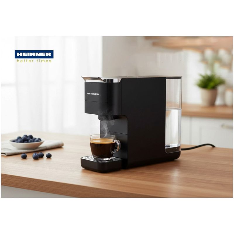 Electronice si Electrocasnice - Electrocasnice bucatarie - Preparare bauturi - Espressoare - Espressor capsule 4 in 1 Heinner HEMC-DD15BK, 1525W, 1.5l, compatibil Nespresso/Dolce Gusto, Negru - Infinity.ro