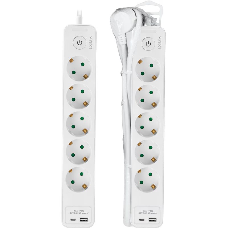 Casa si Gradina - Electrice - Accesorii electrice - Prelungitoare, triple, fise - Prelungitor Logilink LPS280U, 5 prize, 1x USB-C, 1x USB-A, 17W, intrerupator, protectie la suprasarcina, IP20, H05VV-F 3 - Infinity.ro