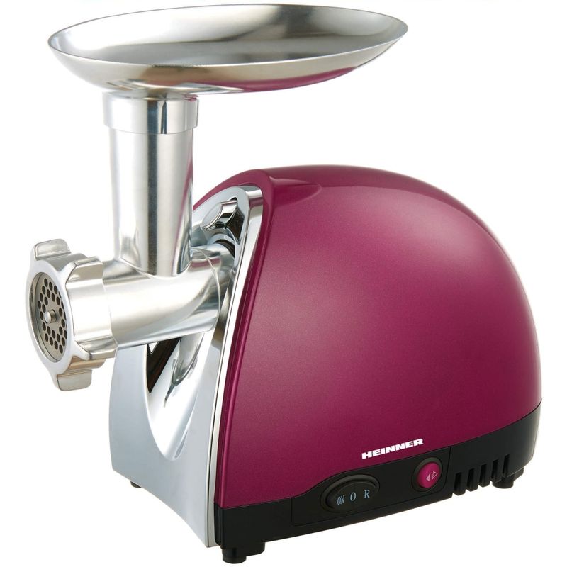 Electronice si Electrocasnice - Electrocasnice bucatarie - Mixere, tocatoare & roboti de bucatarie - Masini de tocat - Masina de tocat Heinner MG1500TA-BG, 1600 W, Accesoriu pentru rosii si carnati, Cutit inox, Visiniu sidefat - Infinity.ro