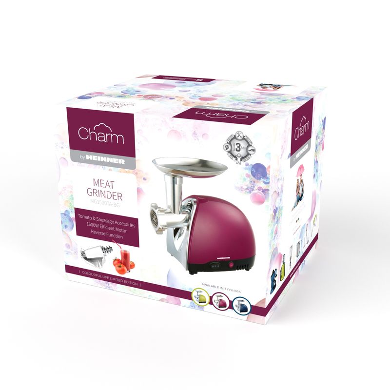 Electronice si Electrocasnice - Electrocasnice bucatarie - Mixere, tocatoare & roboti de bucatarie - Masini de tocat - Masina de tocat Heinner MG1500TA-BG, 1600 W, Accesoriu pentru rosii si carnati, Cutit inox, Visiniu sidefat - Infinity.ro