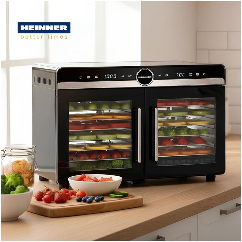 Electronice si Electrocasnice - Electrocasnice bucatarie - Aparate de gatit & desert - Aparate de gatit cu aburi - Deshidrator fructe si legume Heinner DualDry Elite HFD-KDDB1400BKSS, 1400W, 16 tavi inox, Dubla compartimentare, Negru - Infinity.ro
