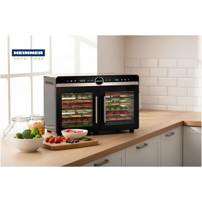 Electronice si Electrocasnice - Electrocasnice bucatarie - Aparate de gatit & desert - Aparate de gatit cu aburi - Deshidrator fructe si legume Heinner DualDry Elite HFD-KDDB1400BKSS, 1400W, 16 tavi inox, Dubla compartimentare, Negru - Infinity.ro
