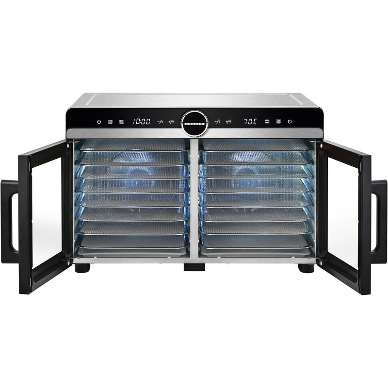 Electronice si Electrocasnice - Electrocasnice bucatarie - Aparate de gatit & desert - Aparate de gatit cu aburi - Deshidrator fructe si legume Heinner DualDry Elite HFD-KDDB1400BKSS, 1400W, 16 tavi inox, Dubla compartimentare, Negru - Infinity.ro