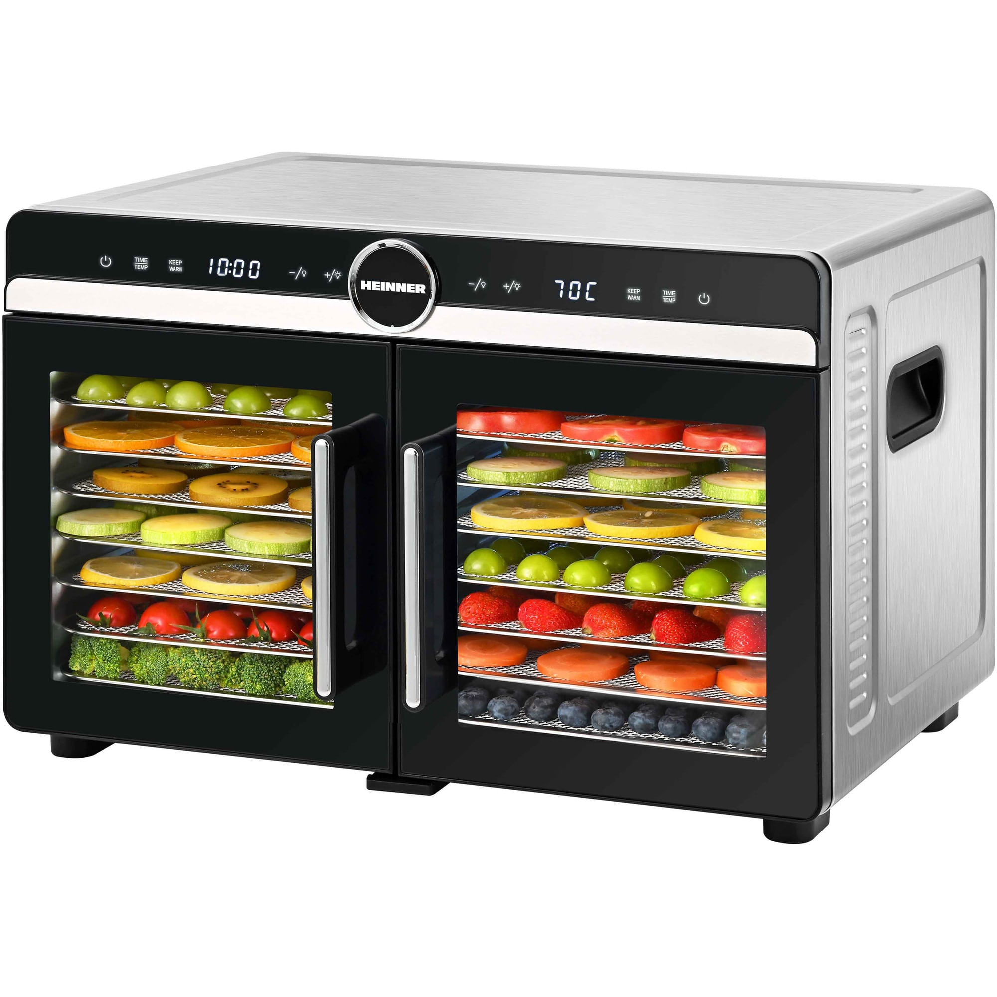 Deshidrator fructe si legume Heinner DualDry Elite HFD-KDDB1400BKSS, 1400W, 16 tavi inox, Dubla compartimentare, Negru