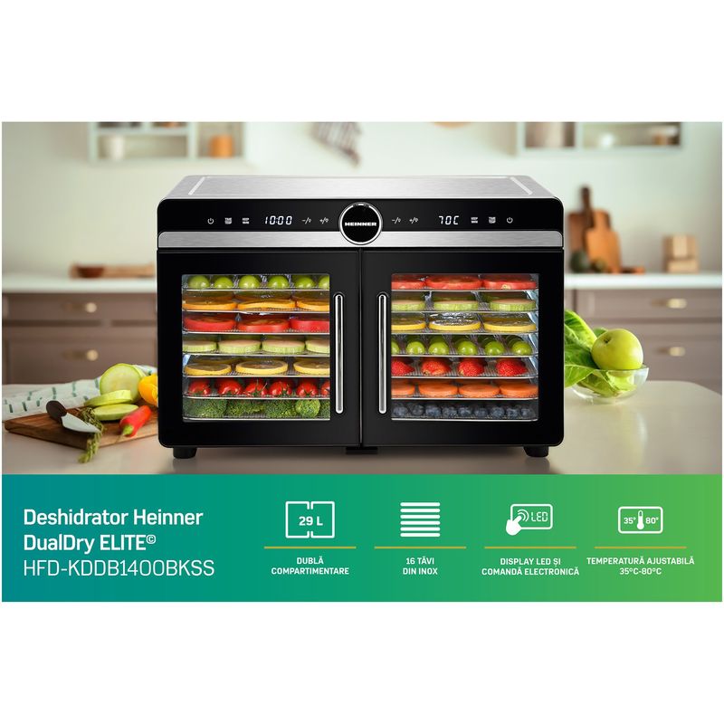 Electronice si Electrocasnice - Electrocasnice bucatarie - Aparate de gatit & desert - Aparate de gatit cu aburi - Deshidrator fructe si legume Heinner DualDry Elite HFD-KDDB1400BKSS, 1400W, 16 tavi inox, Dubla compartimentare, Negru - Infinity.ro