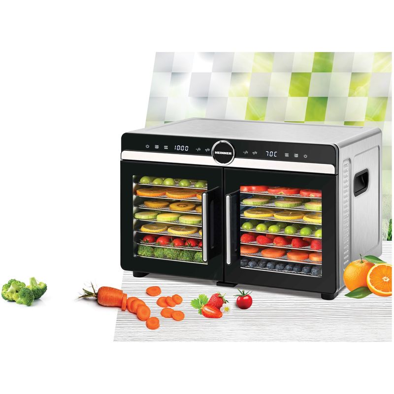Electronice si Electrocasnice - Electrocasnice bucatarie - Aparate de gatit & desert - Aparate de gatit cu aburi - Deshidrator fructe si legume Heinner DualDry Elite HFD-KDDB1400BKSS, 1400W, 16 tavi inox, Dubla compartimentare, Negru - Infinity.ro