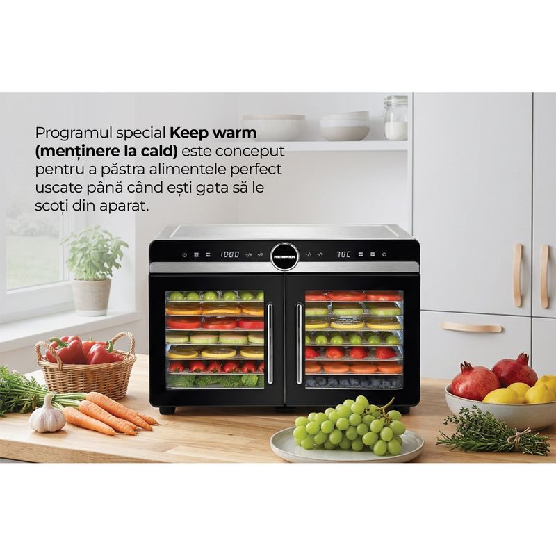 Electronice si Electrocasnice - Electrocasnice bucatarie - Aparate de gatit & desert - Aparate de gatit cu aburi - Deshidrator fructe si legume Heinner DualDry Elite HFD-KDDB1400BKSS, 1400W, 16 tavi inox, Dubla compartimentare, Negru - Infinity.ro