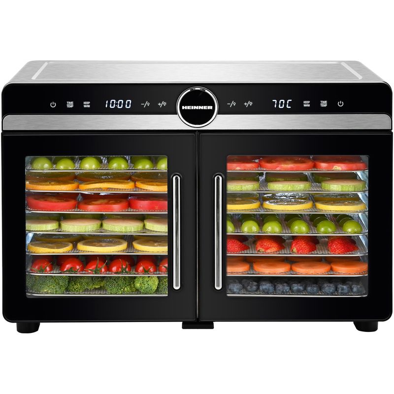 Electronice si Electrocasnice - Electrocasnice bucatarie - Aparate de gatit & desert - Aparate de gatit cu aburi - Deshidrator fructe si legume Heinner DualDry Elite HFD-KDDB1400BKSS, 1400W, 16 tavi inox, Dubla compartimentare, Negru - Infinity.ro