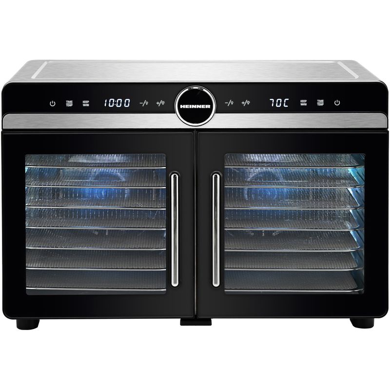 Electronice si Electrocasnice - Electrocasnice bucatarie - Aparate de gatit & desert - Aparate de gatit cu aburi - Deshidrator fructe si legume Heinner DualDry Elite HFD-KDDB1400BKSS, 1400W, 16 tavi inox, Dubla compartimentare, Negru - Infinity.ro