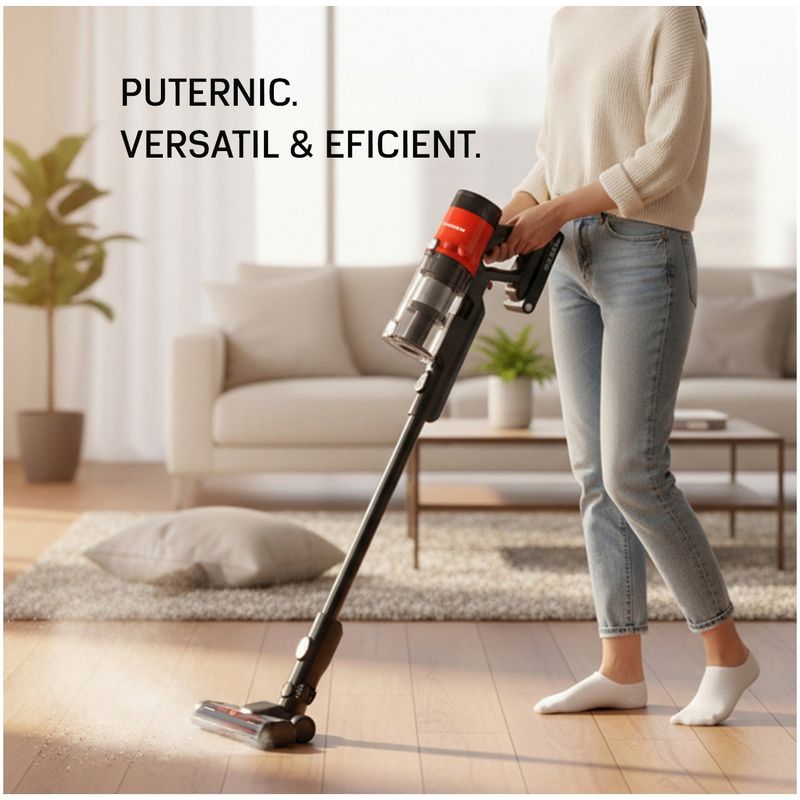 Electronice si Electrocasnice - Ingrijirea locuintei - Aspiratoare - Aspirator vertical Heinner HSVC-MBDB200OR, 200W, Motor BLDC, Filtru HEPA, Negru/Rosu - Infinity.ro