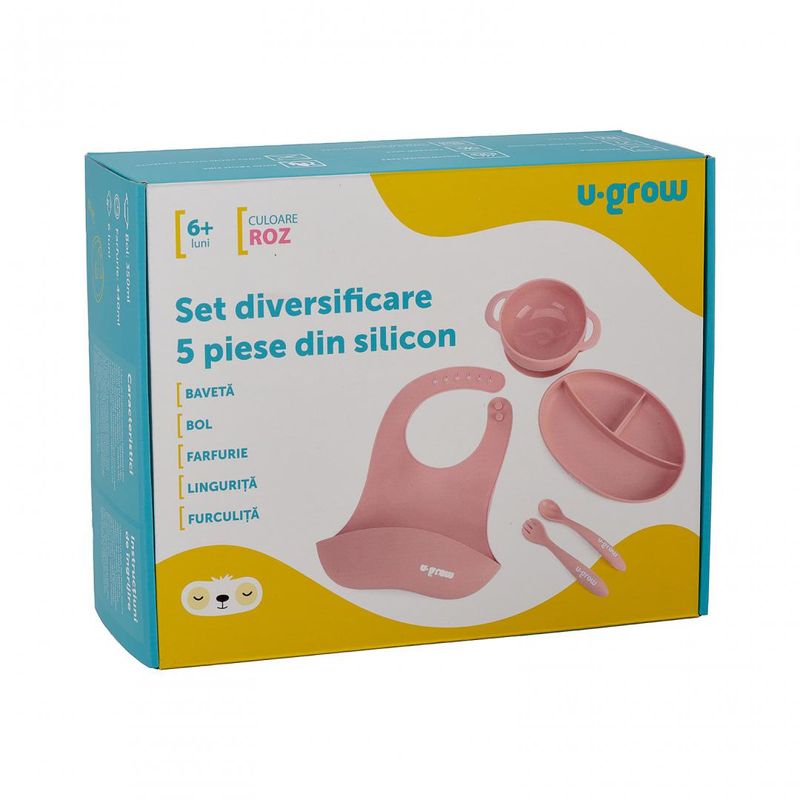 Jucarii, Copii si Bebe - Hrana si alaptare - Biberoane, suzete si accesorii hranire - Articole hranire bebelusi - Set diversificare U-Grow UG-SET2PK, 5 piese silicon, baveta/bol, roz - Infinity.ro