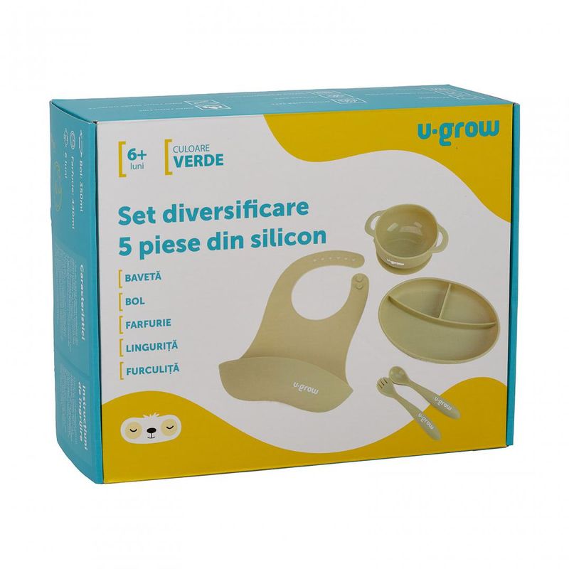 Jucarii, Copii si Bebe - Hrana si alaptare - Biberoane, suzete si accesorii hranire - Articole hranire bebelusi - Set diversificare U-Grow UG-SET2OV, 5 piese silicon, baveta/bol, olive - Infinity.ro