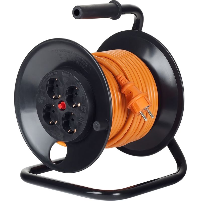 Casa si Gradina - Electrice - Accesorii electrice - Prelungitoare, triple, fise - Prelungitor cu tambur Bachmann 4xSchuko, protectie copii, termosiguranta, cadru metalic, cordon HO5VV-F 3G2.5, 50m, Oran - Infinity.ro