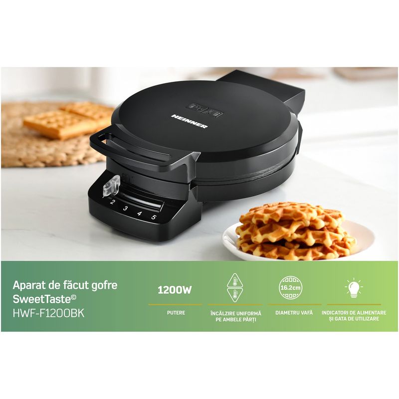 Electronice si Electrocasnice - Electrocasnice bucatarie - Preparare paine - Sandwich-maker - Aparat de facut gofre Heinner HWF-F1200BK, 1200W, capacitate 1 gofra, placi antiaderente, Negru - Infinity.ro