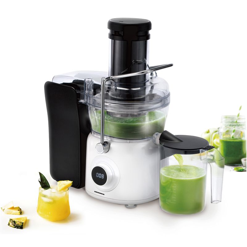 Electronice si Electrocasnice - Electrocasnice bucatarie - Preparare bauturi - Storcatoare de fructe - Storcator de fructe Heinner Pearlwhite HSF-K1000DCWP, 1000W, Motor DC, Tub 84mm, Alb perlat - Infinity.ro