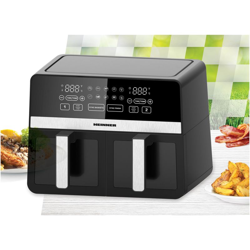 Electronice si Electrocasnice - Electrocasnice bucatarie - Aparate de gatit & desert - Friteuze - Friteuza cu aer cald dubla Heinner HAF-K10DB24BK, 2400W, 9.5L, Negru - Infinity.ro