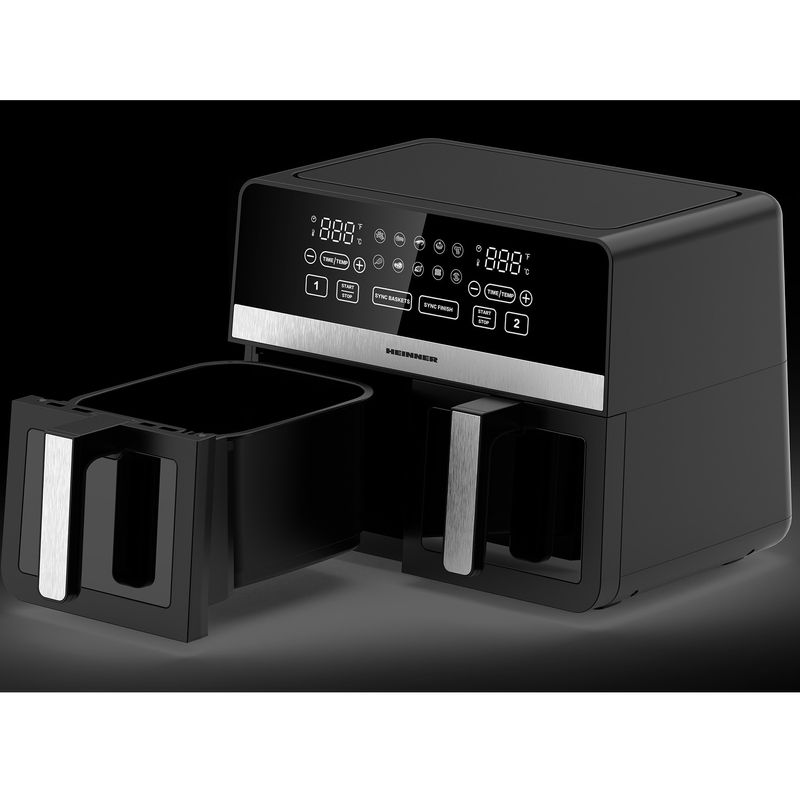 Electronice si Electrocasnice - Electrocasnice bucatarie - Aparate de gatit & desert - Friteuze - Friteuza cu aer cald dubla Heinner HAF-K10DB24BK, 2400W, 9.5L, Negru - Infinity.ro