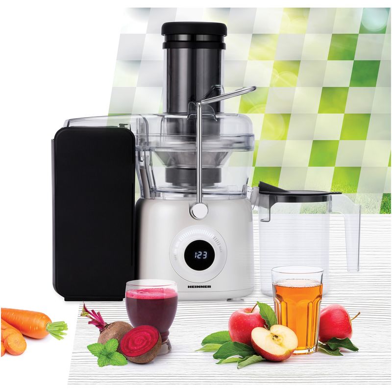 Electronice si Electrocasnice - Electrocasnice bucatarie - Preparare bauturi - Storcatoare de fructe - Storcator de fructe Heinner Pearlwhite HSF-K1000DCWP, 1000W, Motor DC, Tub 84mm, Alb perlat - Infinity.ro
