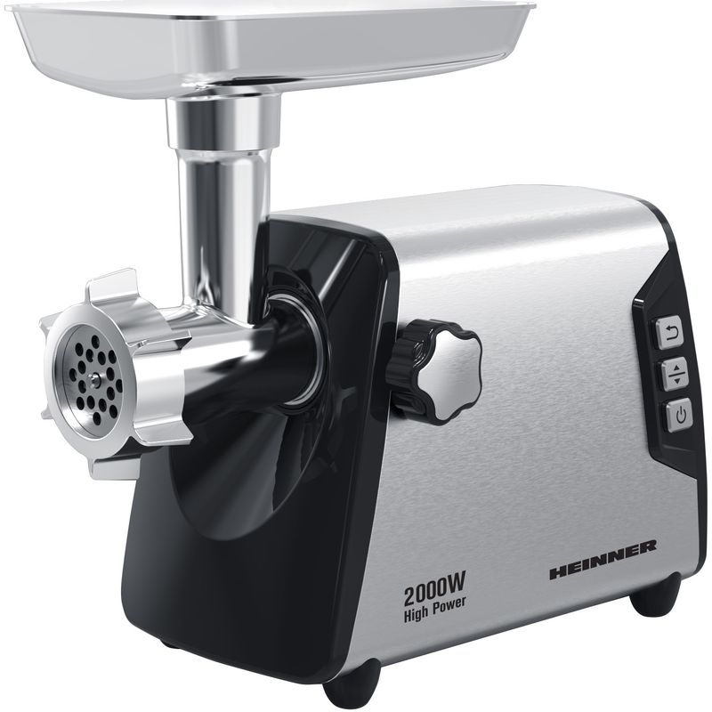 Electronice si Electrocasnice - Electrocasnice bucatarie - Mixere, tocatoare & roboti de bucatarie - Masini de tocat - Masina de tocat carne Heinner HMG-Y2000SS, 2000W, 3kg/min, angrenaj metalic, Negru/Argintiu - Infinity.ro