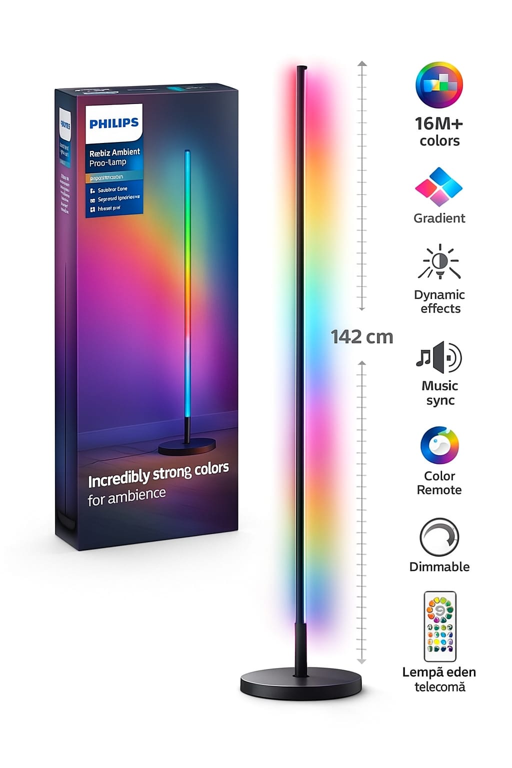 Lampadar LED RGBIC Philips 142 cm, 13 moduri de lumina, telecomanda, efect gradient, iluminare ambient
