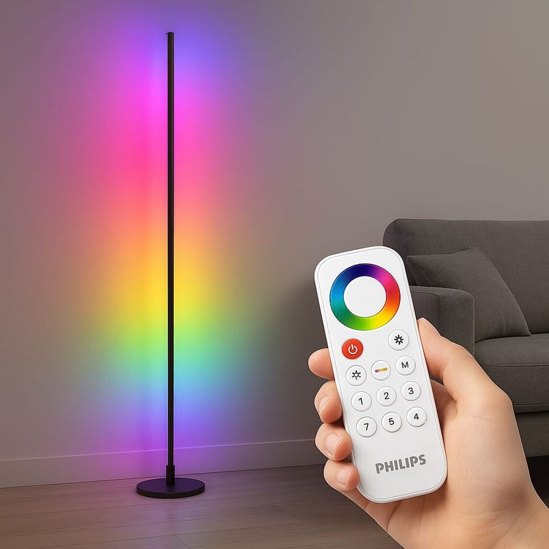 Casa si Gradina - Corpuri si surse de iluminat - Veioze si lampi - Lampadare - Lampadar LED RGBIC Philips 142 cm, 13 moduri de lumina, telecomanda, efect gradient, iluminare ambient - Infinity.ro