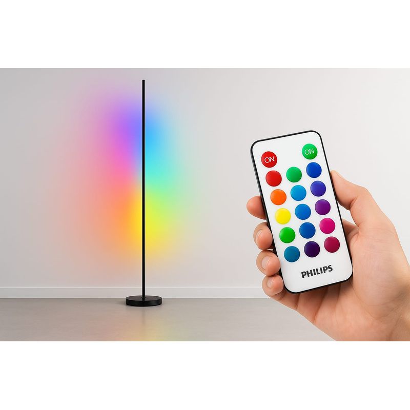 Casa si Gradina - Corpuri si surse de iluminat - Veioze si lampi - Lampadare - Lampadar LED RGBIC Philips 142 cm, 13 moduri de lumina, telecomanda, efect gradient, iluminare ambient - Infinity.ro