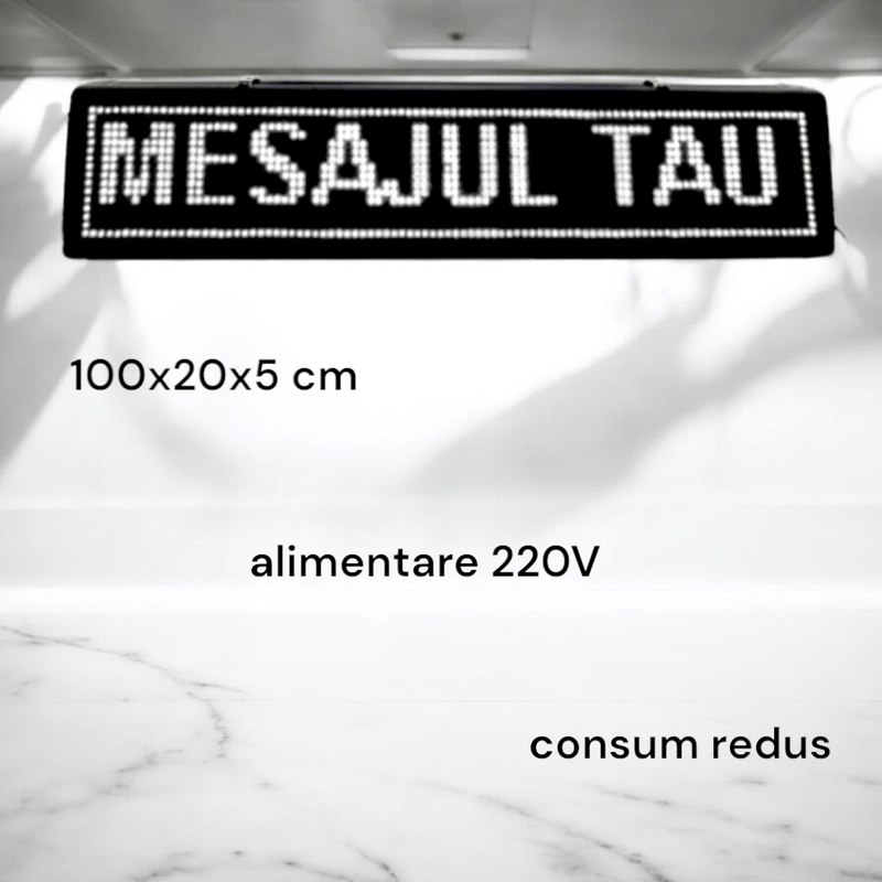 Casa si Gradina - Corpuri si surse de iluminat - Iluminat comercial si industrial - Corpuri iluminat comercial - Panou reclama afisaj luminos, 100x20x5 cm, mesaj culoare alba, programabil Android/Apple, comutator temporizator, mesaj stationar/derulabil, consum redus, alimentare 220V, uz intern/extern - Infinity.ro