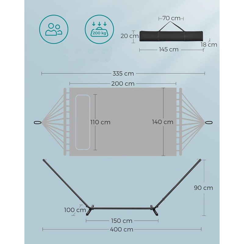 Casa si Gradina - Gradina si terasa - Balansoare si hamace - Balansoare - Hamac cu suport metalic, cu suprafata captusita, reglabil, include perna, 200 kg, 300x120x110 cm, albastru - Infinity.ro