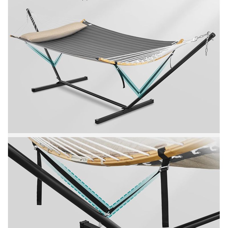 Casa si Gradina - Gradina si terasa - Balansoare si hamace - Balansoare - Hamac cu suport metalic, cu suprafata captusita, reglabil, include perna, 200 kg, 300x120x110 cm, gri - Infinity.ro