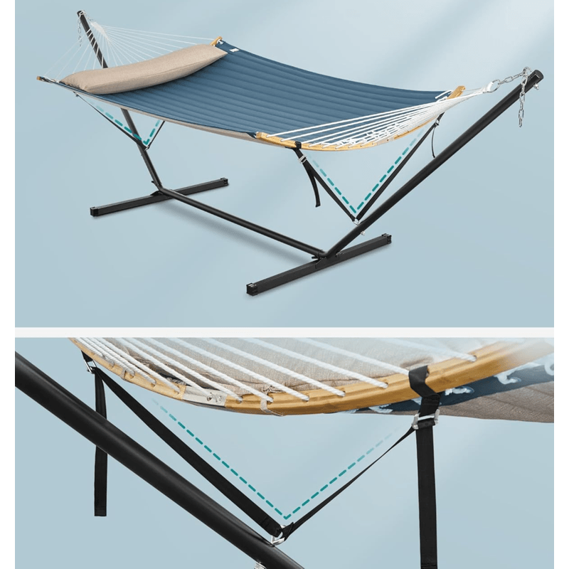 Casa si Gradina - Gradina si terasa - Balansoare si hamace - Balansoare - Hamac cu suport metalic, cu suprafata captusita, reglabil, include perna, 200 kg, 300x120x110 cm, albastru - Infinity.ro
