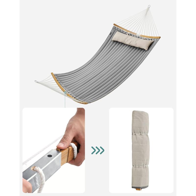 Casa si Gradina - Gradina si terasa - Balansoare si hamace - Balansoare - Hamac dublu cu bare curbate din bambus, perna inclusa, maxim 225 kg, 200x140 cm, gri - Infinity.ro