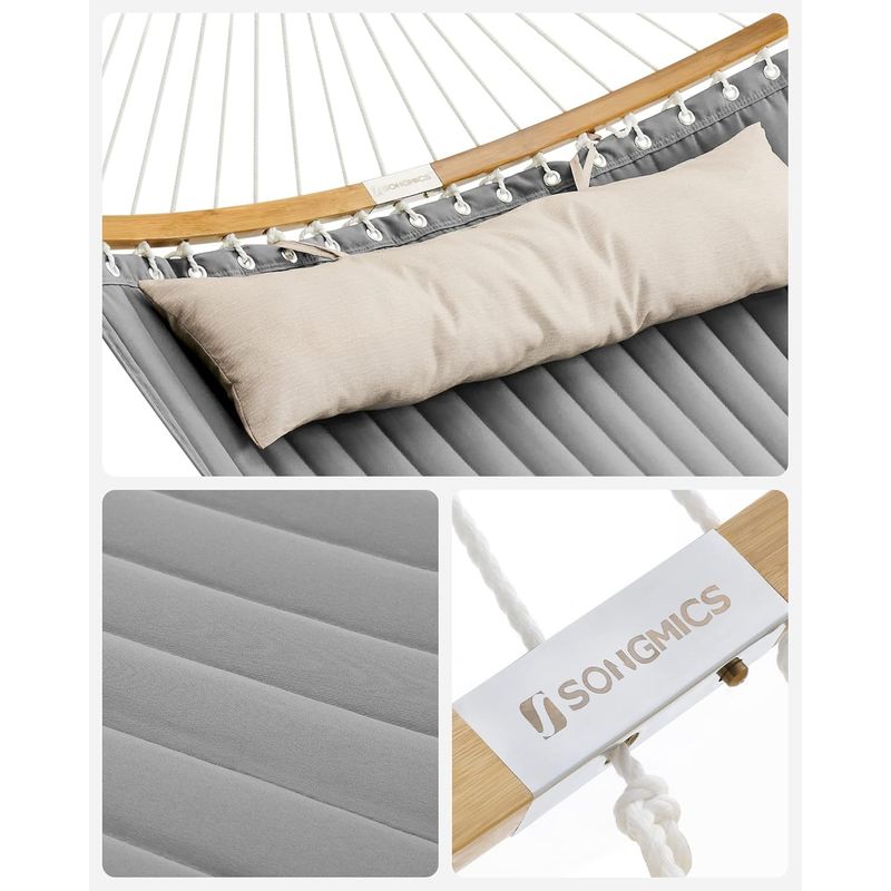 Casa si Gradina - Gradina si terasa - Balansoare si hamace - Balansoare - Hamac dublu cu bare curbate din bambus, perna inclusa, maxim 225 kg, 200x140 cm, gri - Infinity.ro