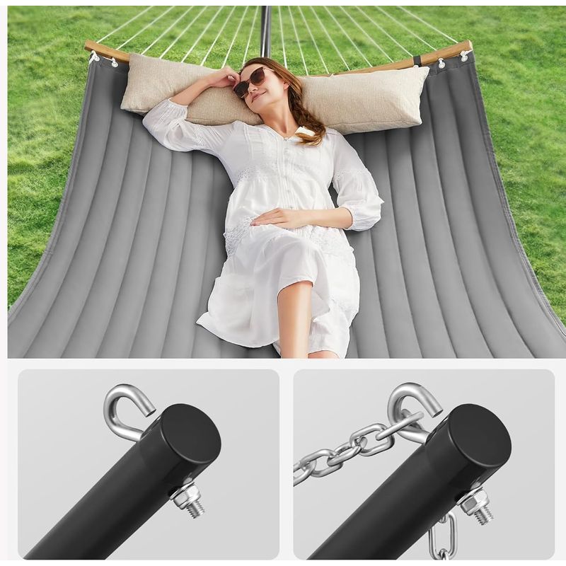 Casa si Gradina - Gradina si terasa - Balansoare si hamace - Balansoare - Hamac cu suport metalic, cu suprafata captusita, reglabil, include perna, 200 kg, 300x120x110 cm, gri - Infinity.ro