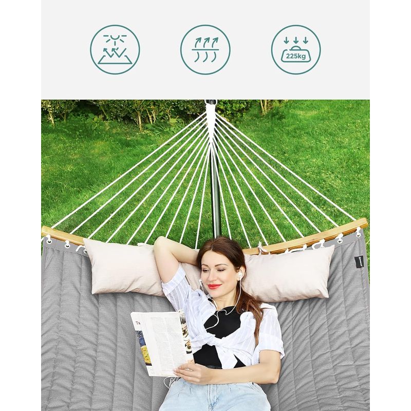 Casa si Gradina - Gradina si terasa - Balansoare si hamace - Balansoare - Hamac dublu cu bare curbate din bambus, perna inclusa, maxim 225 kg, 200x140 cm, gri - Infinity.ro
