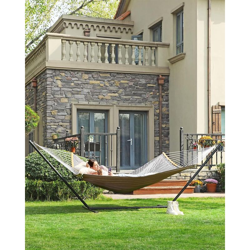 Casa si Gradina - Gradina si terasa - Balansoare si hamace - Balansoare - Hamac dublu cu bare curbate din bambus, perna inclusa, maxim 225 kg, 200x140 cm, gri - Infinity.ro