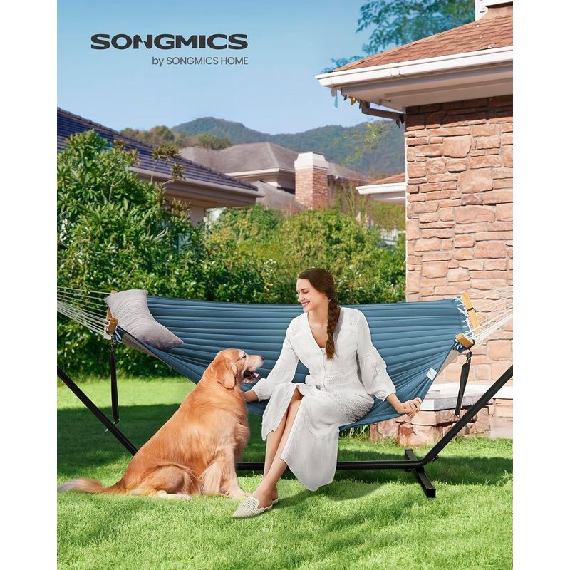 Casa si Gradina - Gradina si terasa - Balansoare si hamace - Balansoare - Hamac cu suport metalic, cu suprafata captusita, reglabil, include perna, 200 kg, 300x120x110 cm, albastru - Infinity.ro