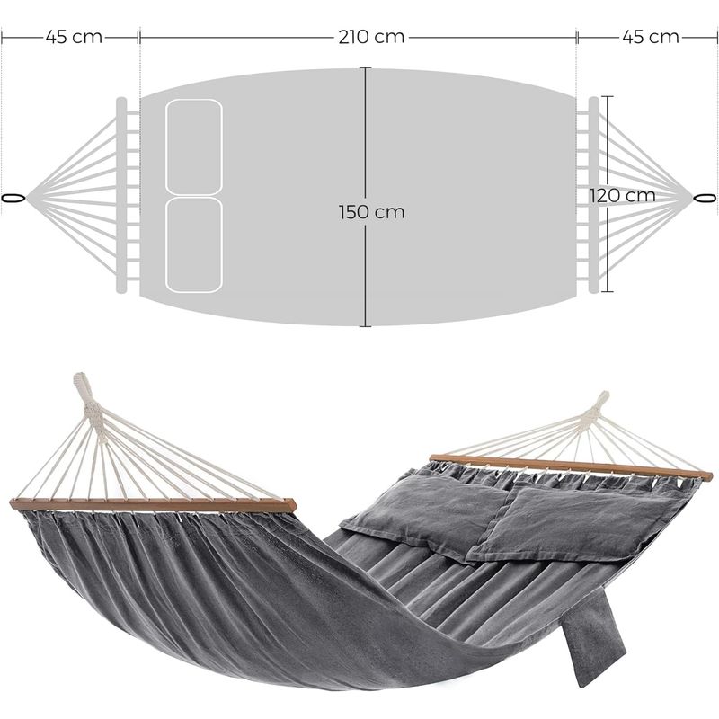 Casa si Gradina - Gradina si terasa - Balansoare si hamace - Balansoare - Hamac dublu cu bara lemn stabilizatoare, 2 perne incluse, bumbac si poliester 380g/m2, max 300 kg, 210x150 cm, gri - Infinity.ro