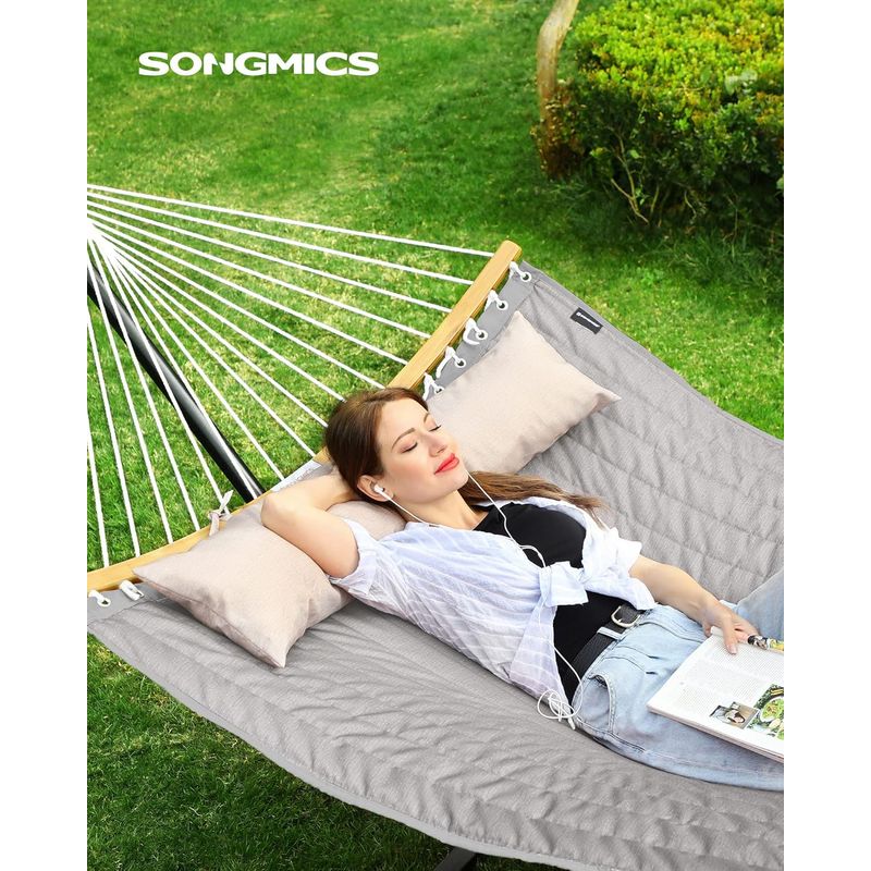 Casa si Gradina - Gradina si terasa - Balansoare si hamace - Balansoare - Hamac dublu cu bare curbate din bambus, perna inclusa, maxim 225 kg, 200x140 cm, gri - Infinity.ro
