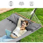 Casa si Gradina - Gradina si terasa - Balansoare si hamace - Balansoare - Hamac dublu cu bara lemn stabilizatoare, 2 perne incluse, bumbac si poliester 380g/m2, max 300 kg, 210x150 cm, gri - Infinity.ro