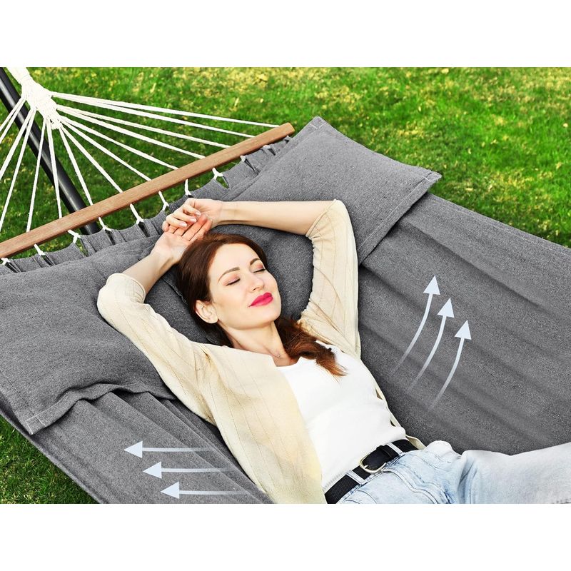 Casa si Gradina - Gradina si terasa - Balansoare si hamace - Balansoare - Hamac dublu cu bara lemn stabilizatoare, 2 perne incluse, bumbac si poliester 380g/m2, max 300 kg, 210x150 cm, gri - Infinity.ro