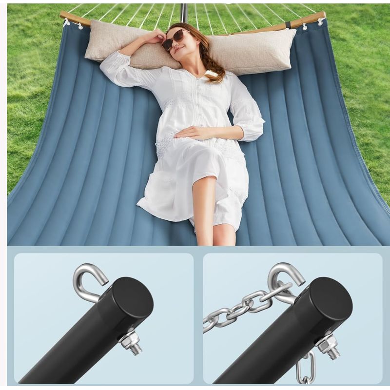 Casa si Gradina - Gradina si terasa - Balansoare si hamace - Balansoare - Hamac cu suport metalic, cu suprafata captusita, reglabil, include perna, 200 kg, 300x120x110 cm, albastru - Infinity.ro