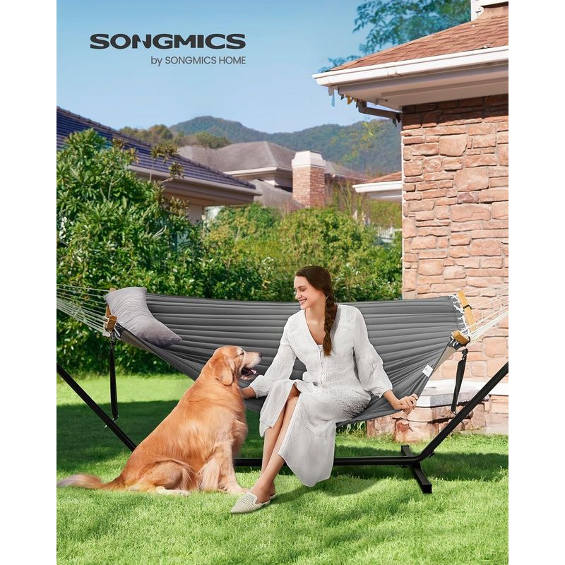 Casa si Gradina - Gradina si terasa - Balansoare si hamace - Balansoare - Hamac cu suport metalic, cu suprafata captusita, reglabil, include perna, 200 kg, 300x120x110 cm, gri - Infinity.ro