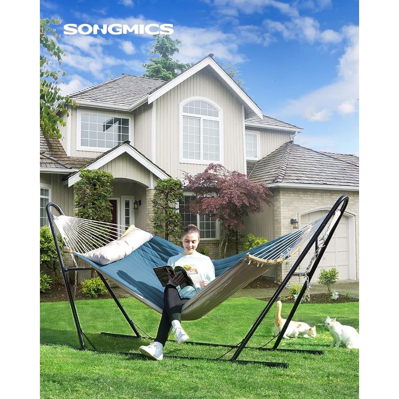 Casa si Gradina - Gradina si terasa - Balansoare si hamace - Balansoare - Hamac dublu cu bare curbate din bambus, perna inclusa, maxim 225 kg, 200x140 cm, albastru - Infinity.ro