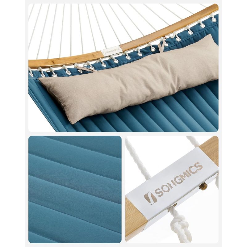 Casa si Gradina - Gradina si terasa - Balansoare si hamace - Balansoare - Hamac dublu cu bare curbate din bambus, perna inclusa, maxim 225 kg, 200x140 cm, albastru - Infinity.ro