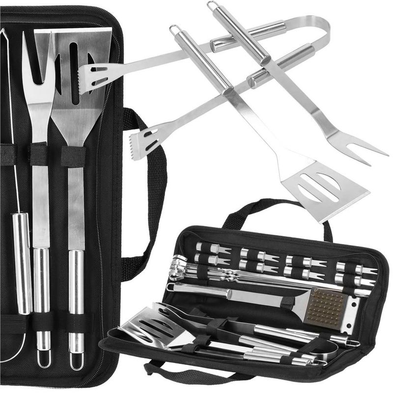 Casa si Gradina - Gradina si terasa - Gratare si accesorii - Gratare de gradina - Set accesorii gratar inox 20 piese cu furculita spatula cleste perie, rezistente la caldura, husa transport inclusa - Infinity.ro