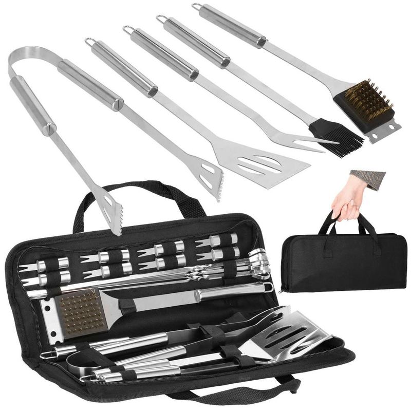 Casa si Gradina - Gradina si terasa - Gratare si accesorii - Gratare de gradina - Set accesorii gratar inox 20 piese cu furculita spatula cleste perie, rezistente la caldura, husa transport inclusa - Infinity.ro