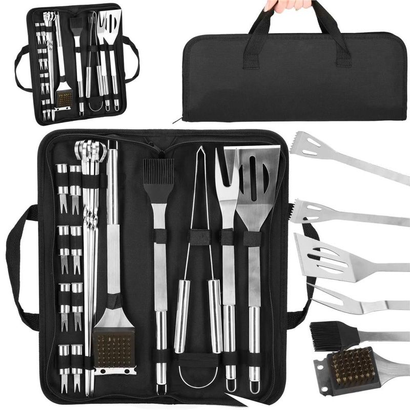 Casa si Gradina - Gradina si terasa - Gratare si accesorii - Gratare de gradina - Set accesorii gratar inox 20 piese cu furculita spatula cleste perie, rezistente la caldura, husa transport inclusa - Infinity.ro